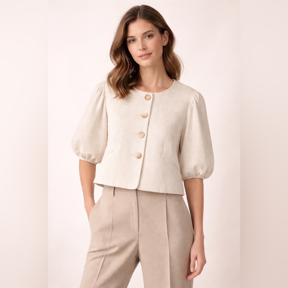 Armani Collezioni Fine Feathers Textured Cropped Jacket Ivory Jacquard 10